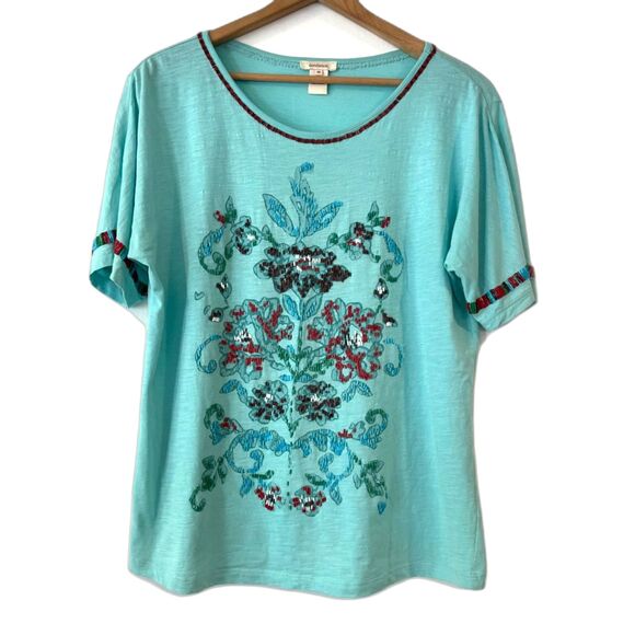 Sundance Beaded Turquoise Boxy T-Shirt Medium Cotton Short Sleeves - Picture 2 of 6